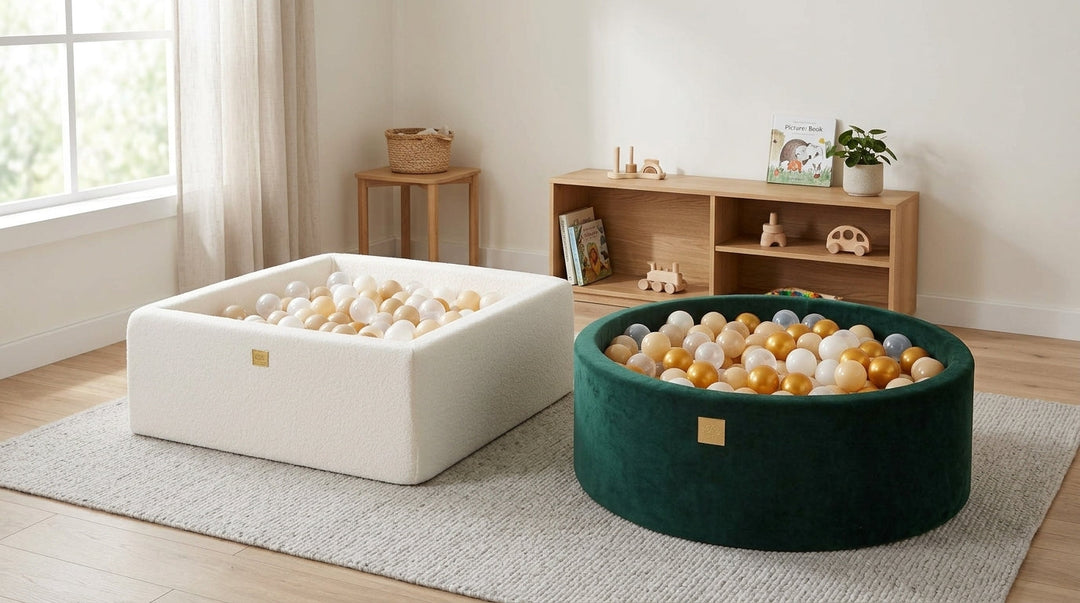 MeowBaby white boucle square ball pit and dark green velvet round ball pit shown together in a bright playroom, comparing shapes and fabrics