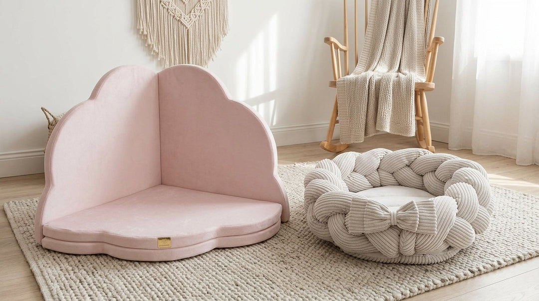 MeowBaby Velvet Cloud Playmat and Baby Nest Playmat with braided bumper shown together on a nursery floor