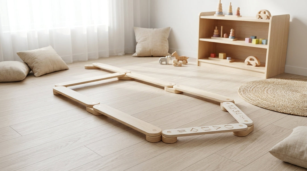 MeowBaby Wooden Balance Beam Sensory Path, 5-piece, laid out in a playroom showing both the plain and numbered sides