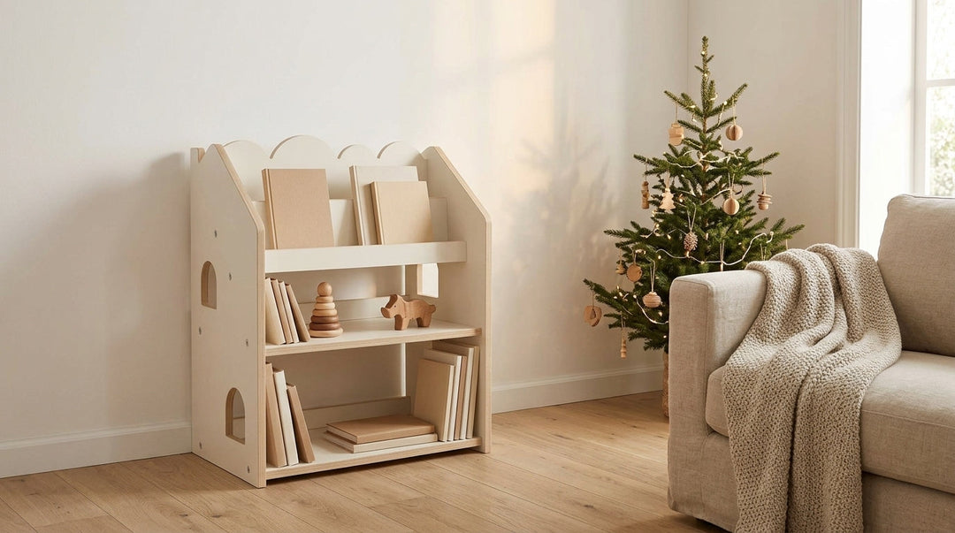 A MeowBaby Montessori bookcase in beige in a calm living room at Christmas
