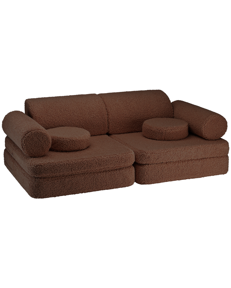 Chocolate brown boucle settee with cylindrical and round cushions