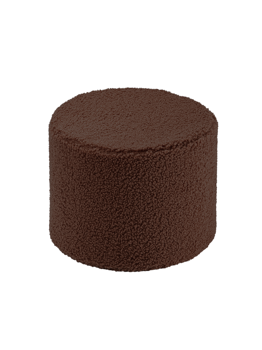 Dark brown cylindrical boucle pouffe viewed front-on against white background
