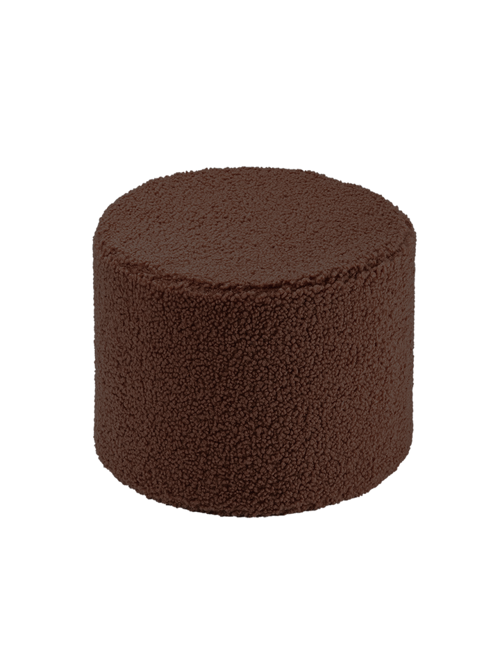 Dark brown cylindrical boucle pouffe viewed front-on against white background