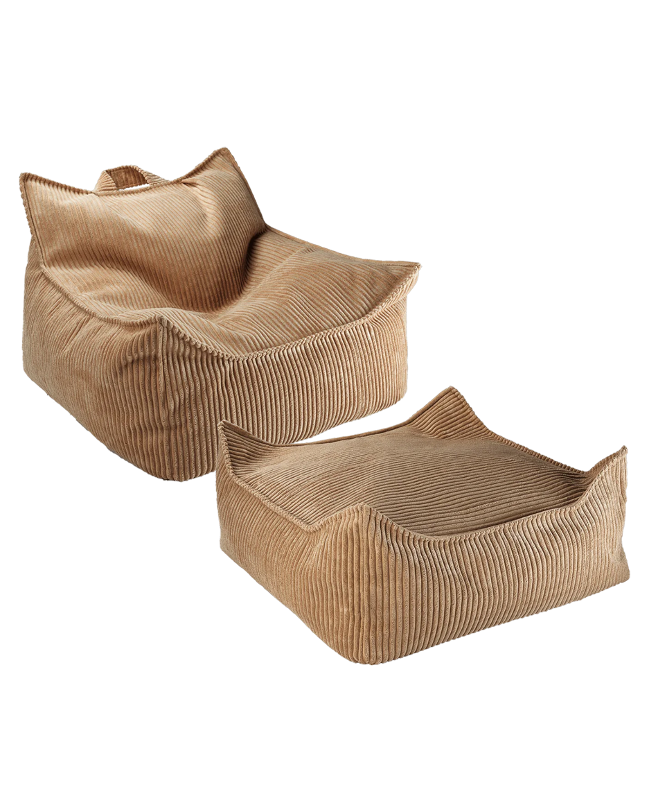 Cream Wigiwama beanbag chair and ottoman showing ribbed fabric texture detail