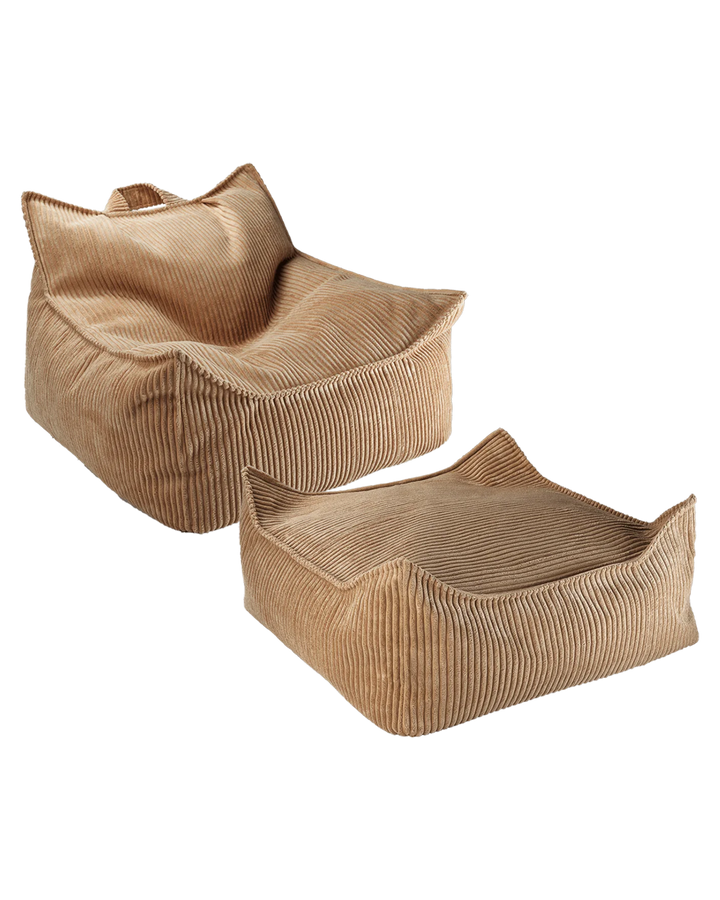 Cream Wigiwama beanbag chair and ottoman showing ribbed fabric texture detail