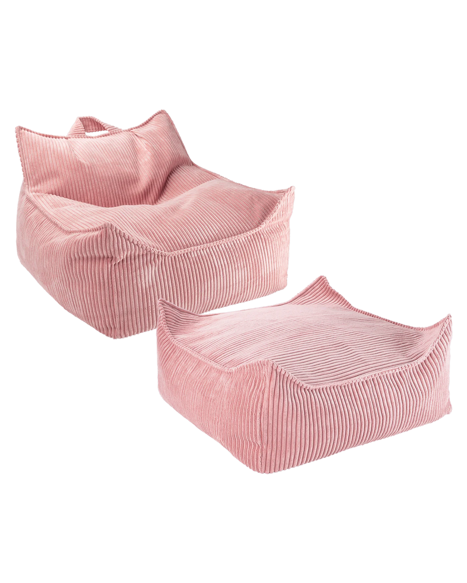 Lavender Wigiwama ribbed beanbag chair and ottoman, white background closeup