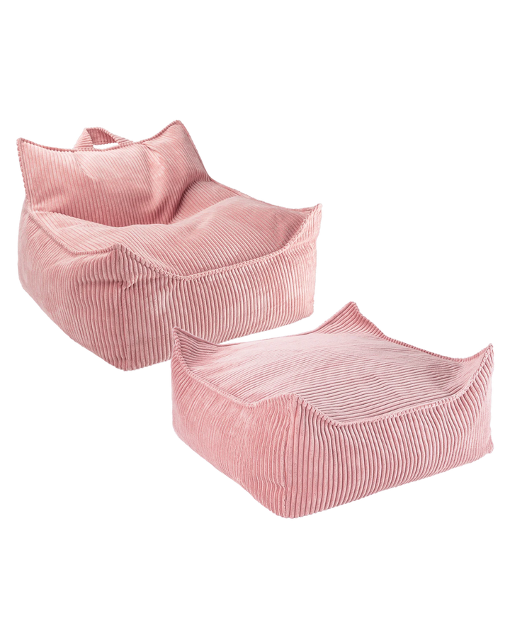 Lavender Wigiwama ribbed beanbag chair and ottoman, white background closeup