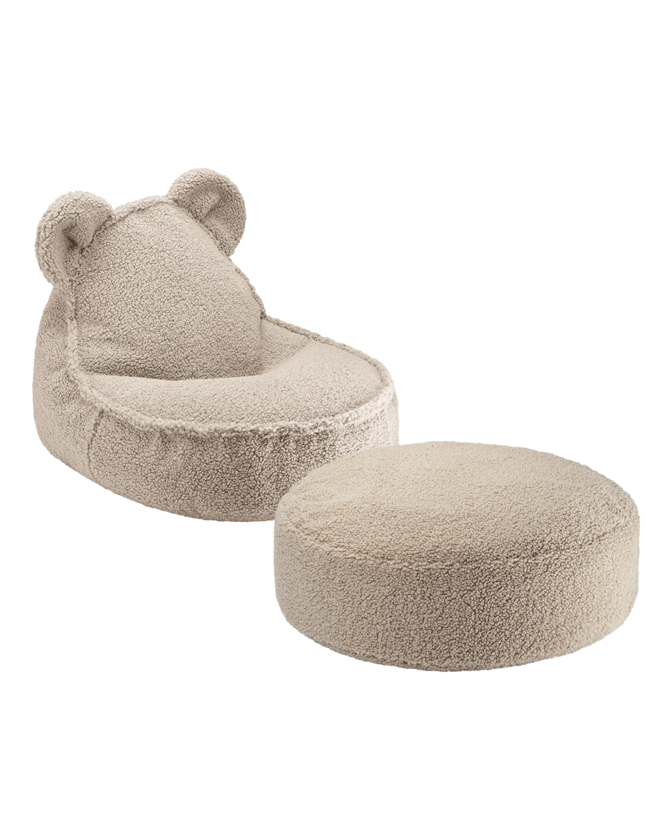 Golden mustard Wigiwama bear-shaped chair with matching round ottoman