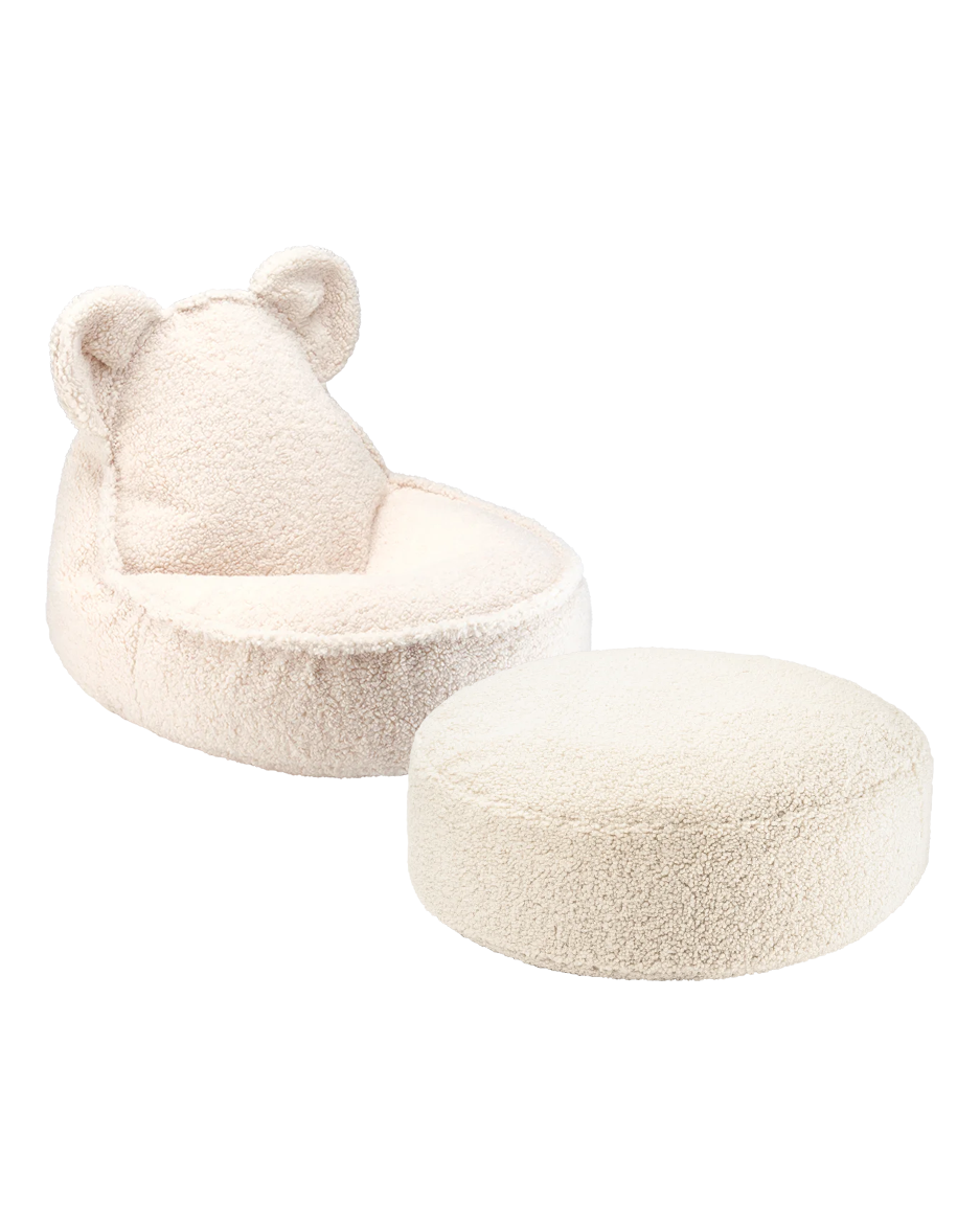 Ivory Wigiwama bear-shaped chair with round ottoman in matching cream tone