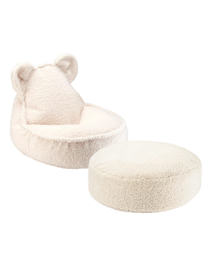 Ivory Wigiwama bear-shaped chair with round ottoman in matching cream tone