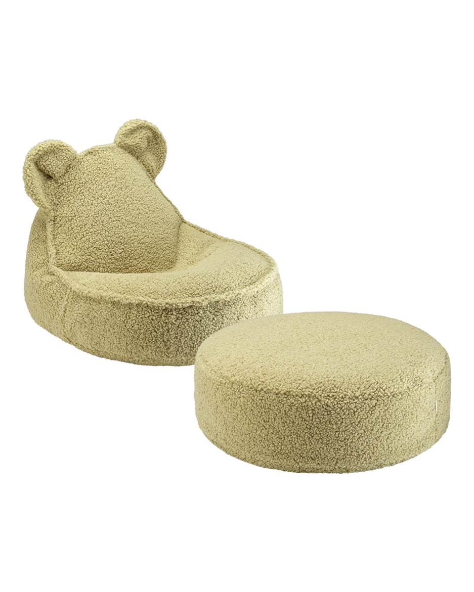 Sage green Wigiwama bear chair with rounded ears and coordinating round ottoman