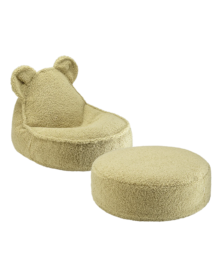 Sage green Wigiwama bear chair with rounded ears and coordinating round ottoman