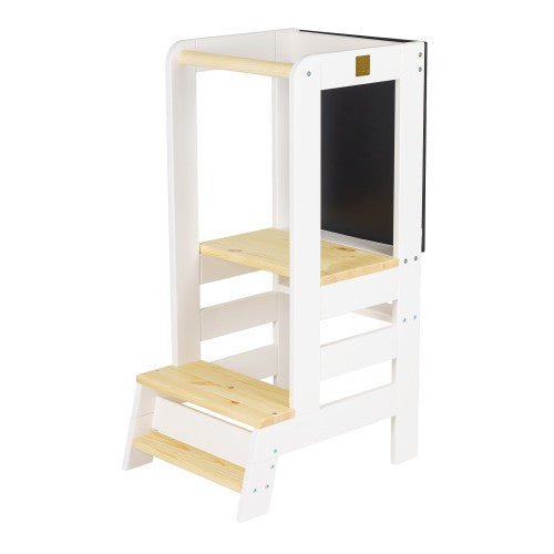 MeowBaby Wooden Learning Tower with Chalkboard in White with Natural Elements