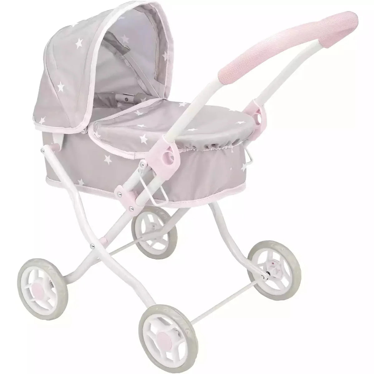 Arias Emma dolls pram in grey and pink with a white star pattern, three-quarter view
