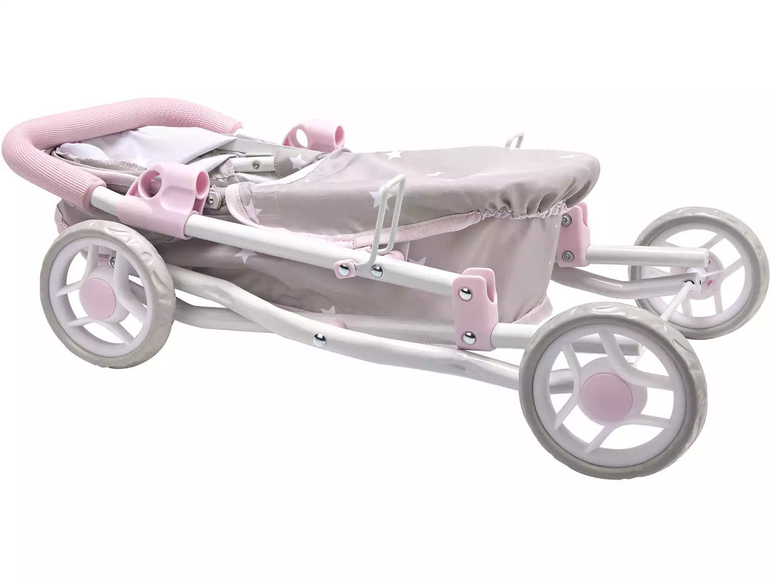 Arias Emma dolls pram folded flat showing frame, wheels and handlebar