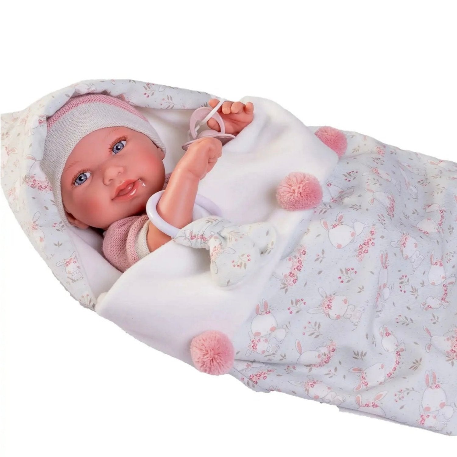 Antonio Juan Newborn Pipa Doll with Bunny Bag and Teether, 42cm, product photo on white background