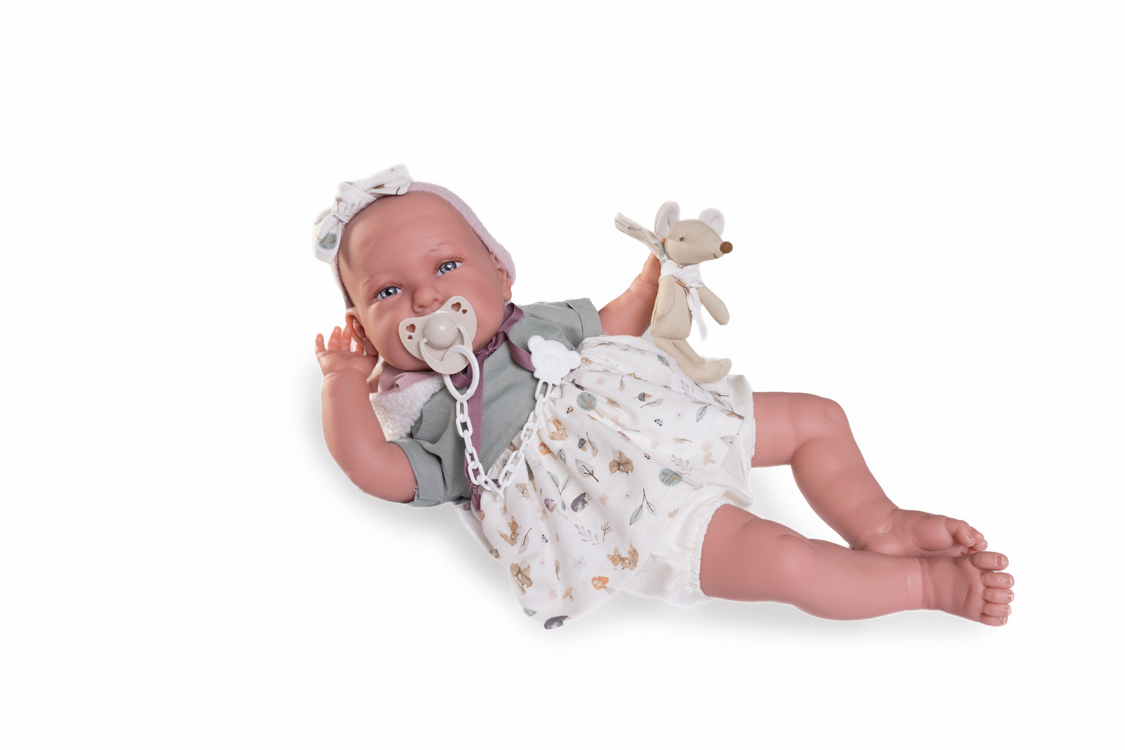 Antonio Juan Reborn Daniela Doll with Plush Toy, 52cm, front-facing photo of the doll with its plush toy companion