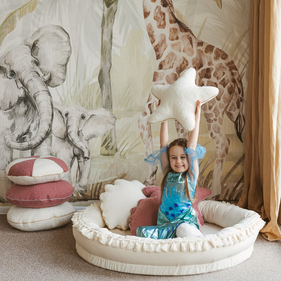 MINICAMP Large Round Nest Play Mat and Kids Lounger in Ecru, detail view