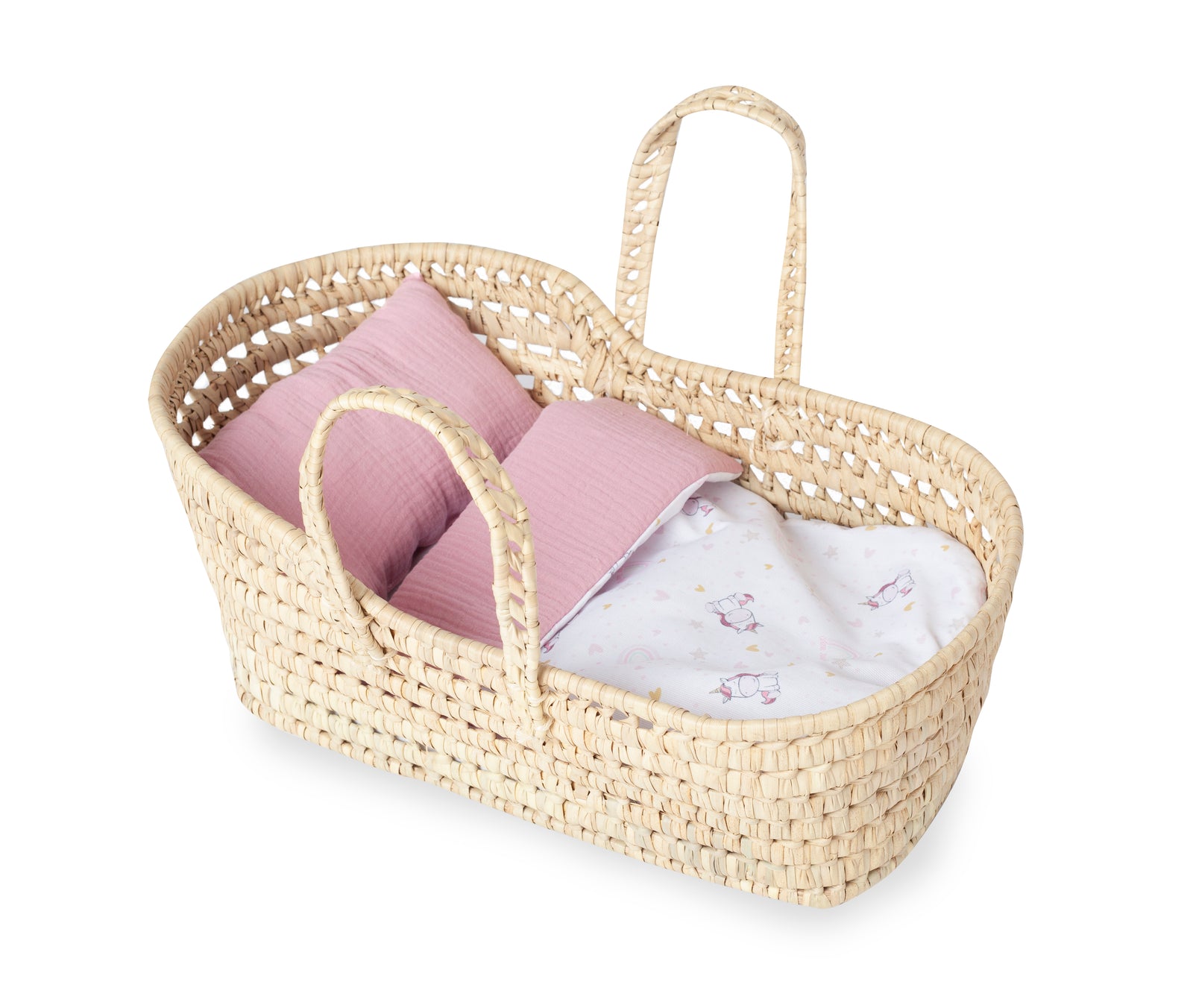 Antonio Juan Palm Moses Basket, Unicorn print, for dolls up to 42cm, additional angle showing the basket's woven palm construction and unicorn fabric lining