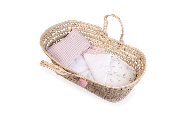 Antonio Juan Palm Moses Basket, Floral print, for dolls up to 42cm, additional angle showing basket handle and interior padding