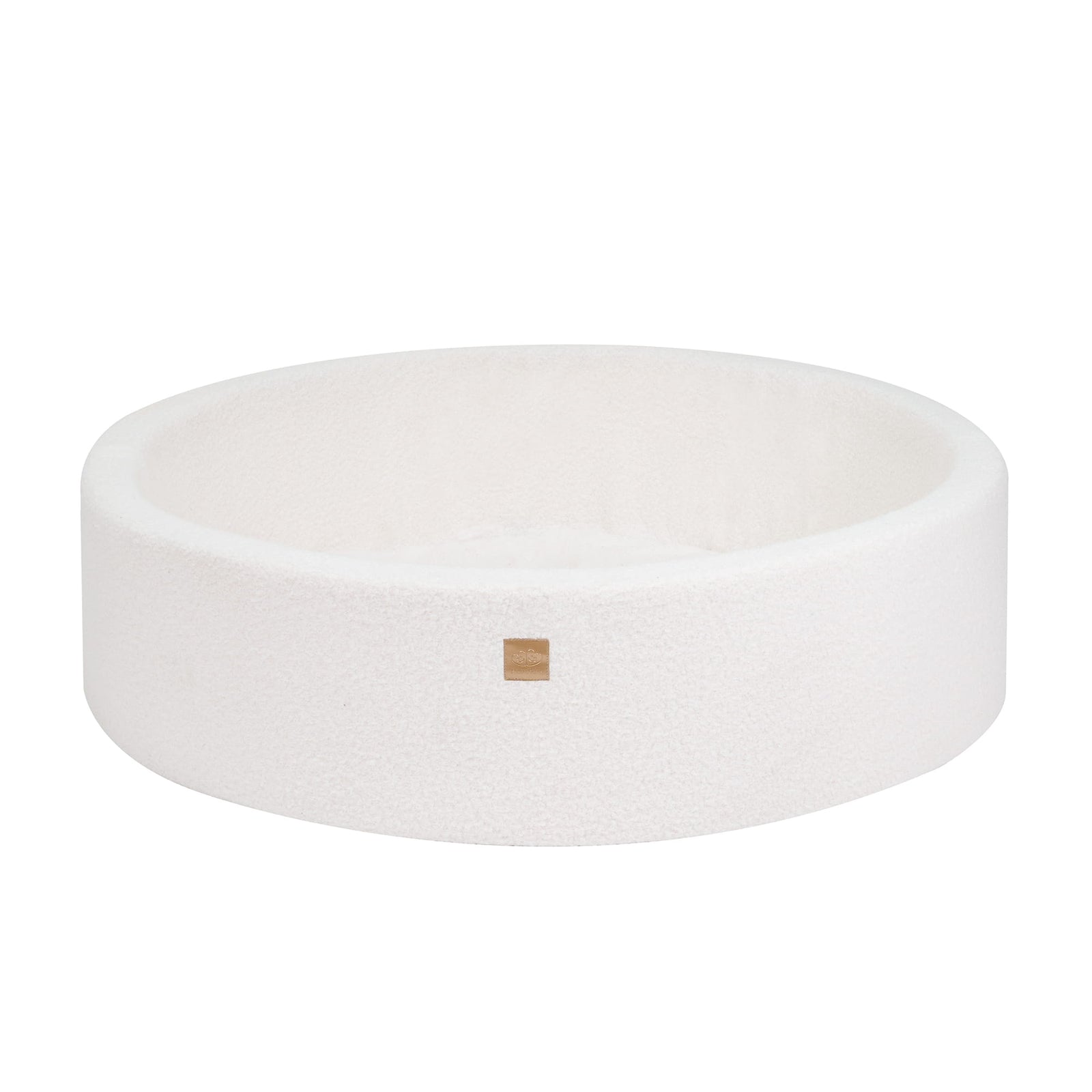 MeowBaby White Boucle Round ball pit, 120cm wide low-profile version with MeowBaby branding tag