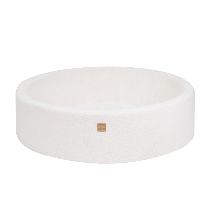 MeowBaby White Boucle Round ball pit, 120cm wide low-profile version with MeowBaby branding tag