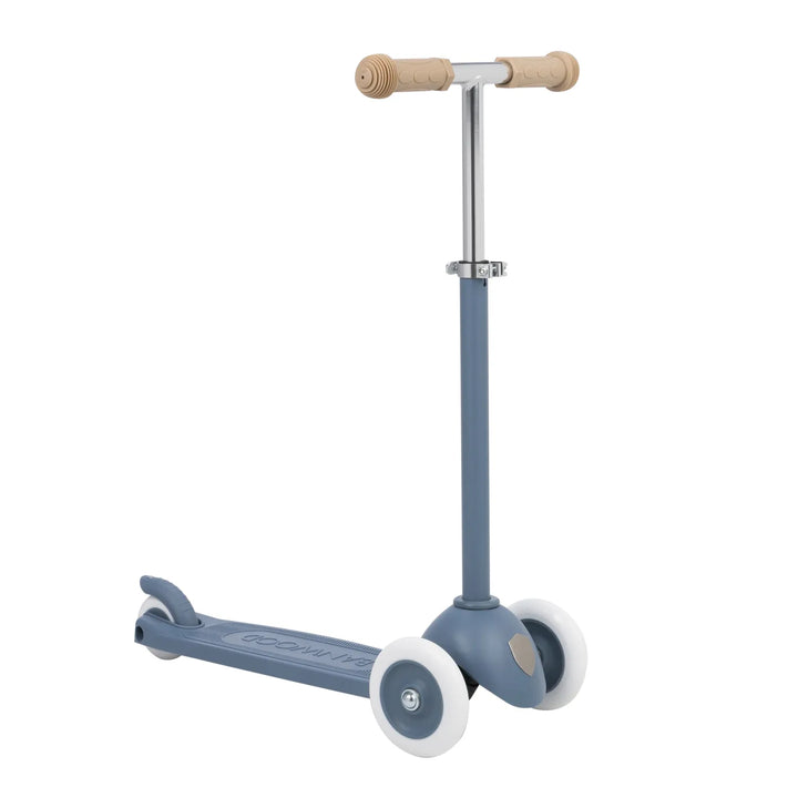 Three-wheel scooter with wooden handles and adjustable steel stem, Deep Sea blue