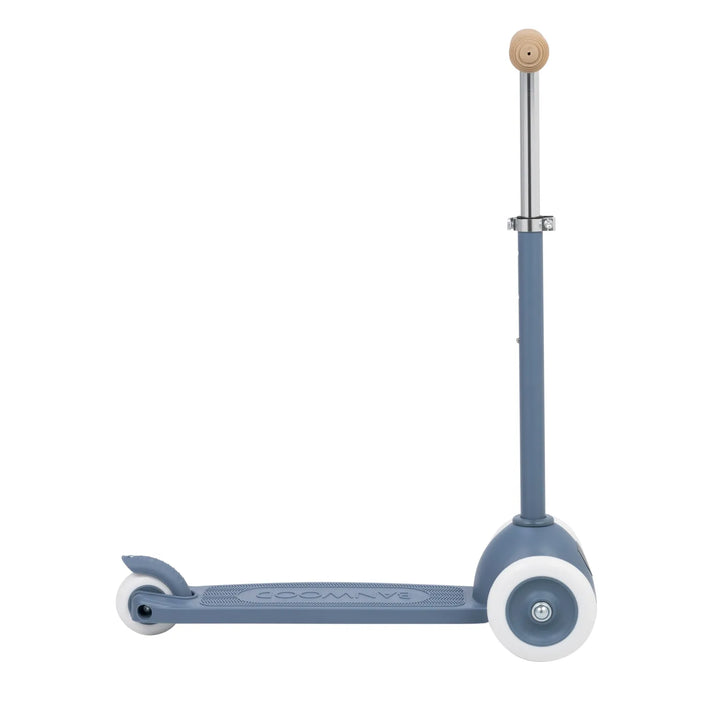 Front view of scooter with centrally positioned wooden handlebar and visible deck texture