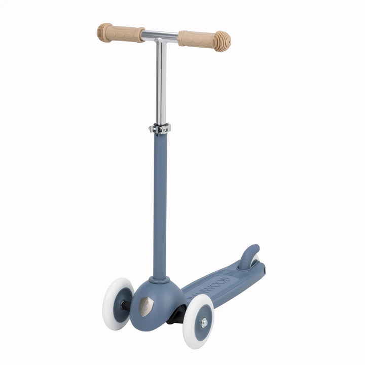Side view of scooter showing wooden T-bar handlebar and adjustable height mechanism