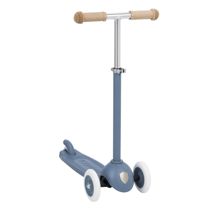 Overhead view of scooter showing textured deck with Banwood branding and wooden handles