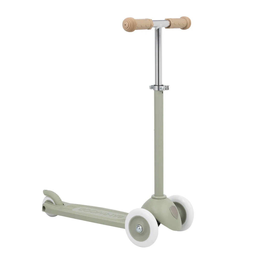 Three-wheeled scooter with olive deck, white wheels, wooden grips and adjustable handlebar, side view