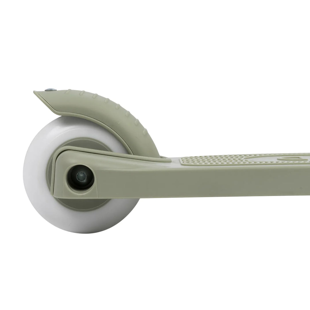 Close-up of front wheel and curved deck edge with white wheel and olive finish