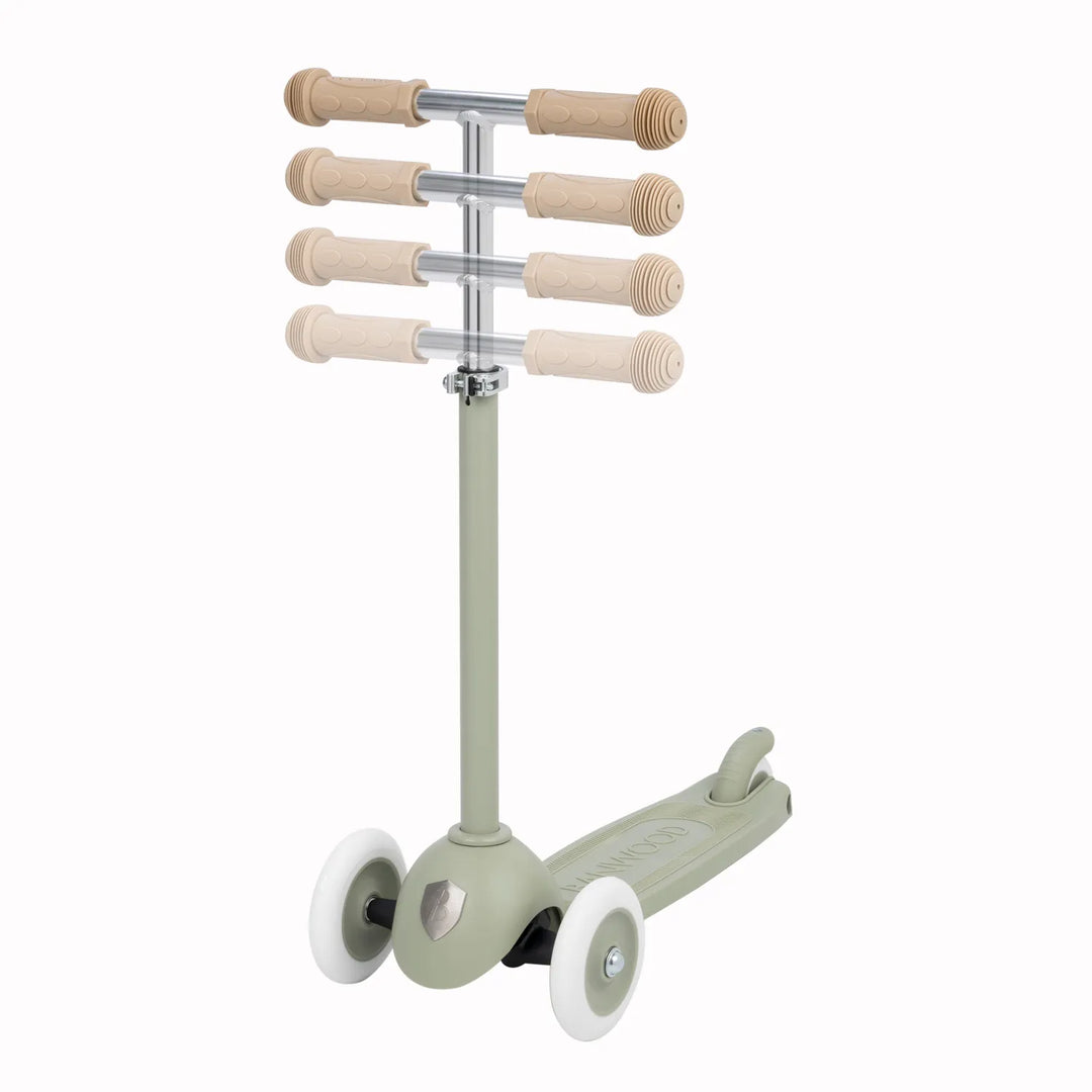 Scooter with multiple adjustable handlebar heights shown at different stem positions