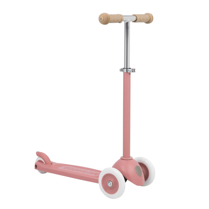 Three-wheel scooter with wooden handles, pink frame and white wheels, front angle view