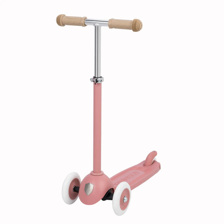 Angled view of complete scooter showing handlebar height and three-wheel geometry