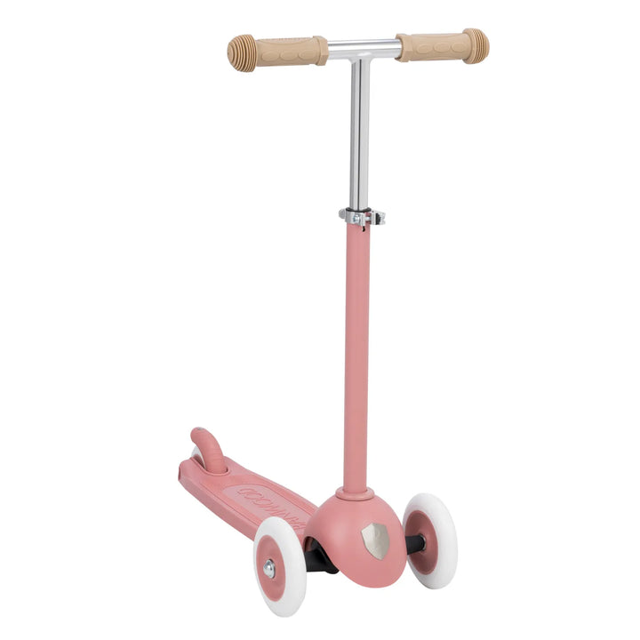 Scooter components separated showing footplate and removable wooden handlebar assembly