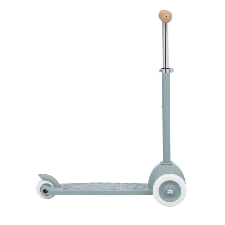 Scooter side profile showing adjustable stem and wooden handles above white wheels Banwood