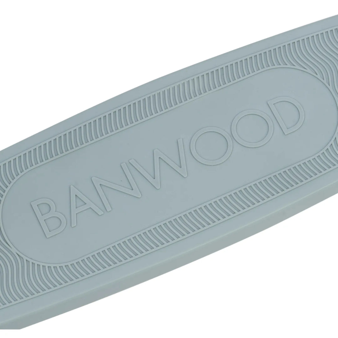 Overhead flat lay of Banwood scooter showing handlebar, footplate and wheel positioning