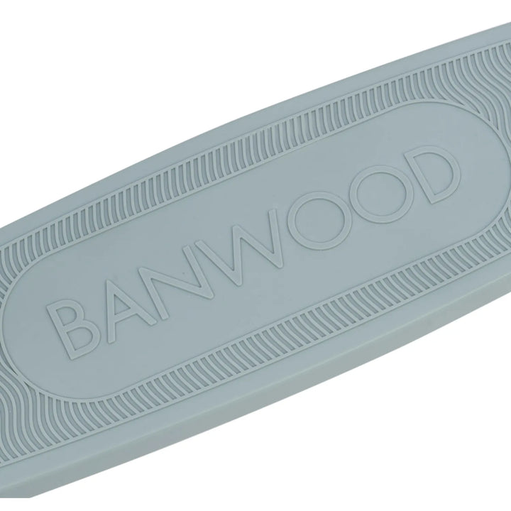 Overhead flat lay of Banwood scooter showing handlebar, footplate and wheel positioning