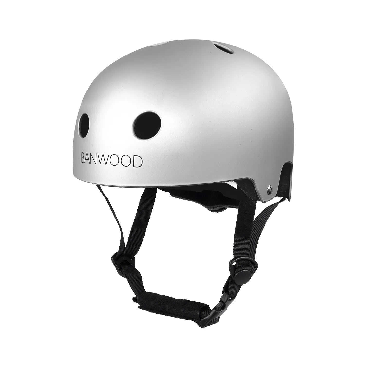 Silver Banwood helmet front view with black chin straps and ventilation holes