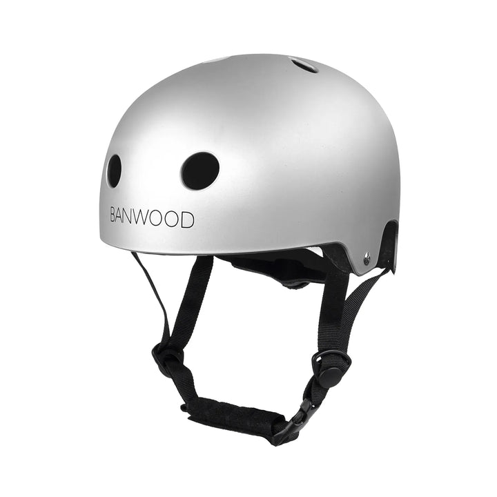 Silver Banwood helmet front view with black chin straps and ventilation holes