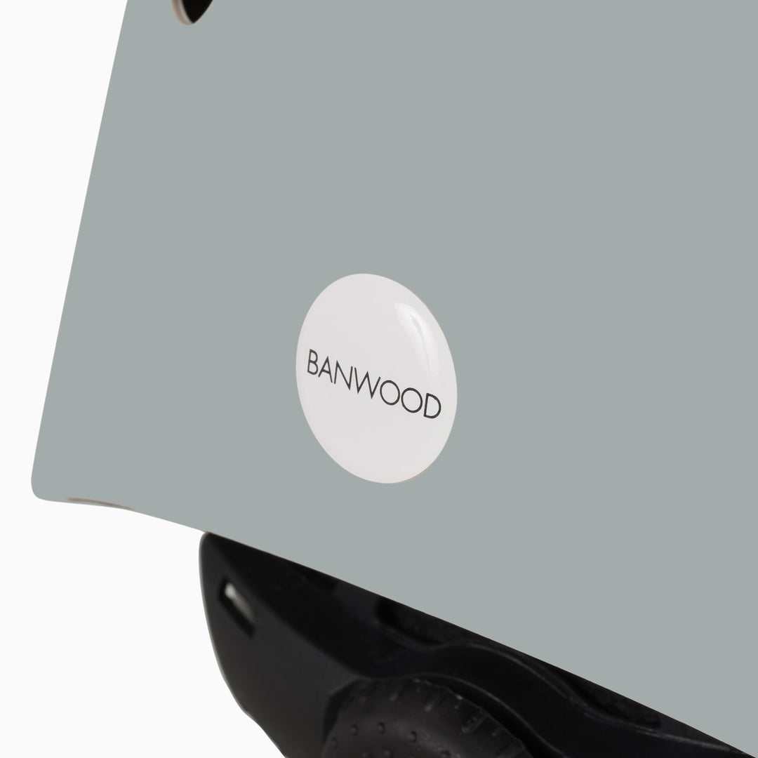 Banwood helmet back detail showing branded logo on sage shell
