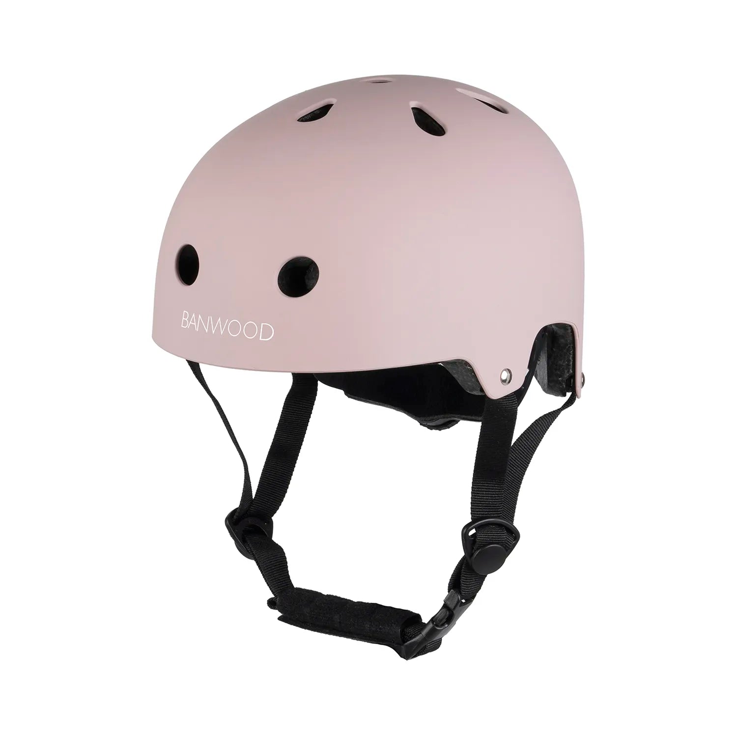 Pink Banwood helmet front view with black chin straps and ventilation holes on white background