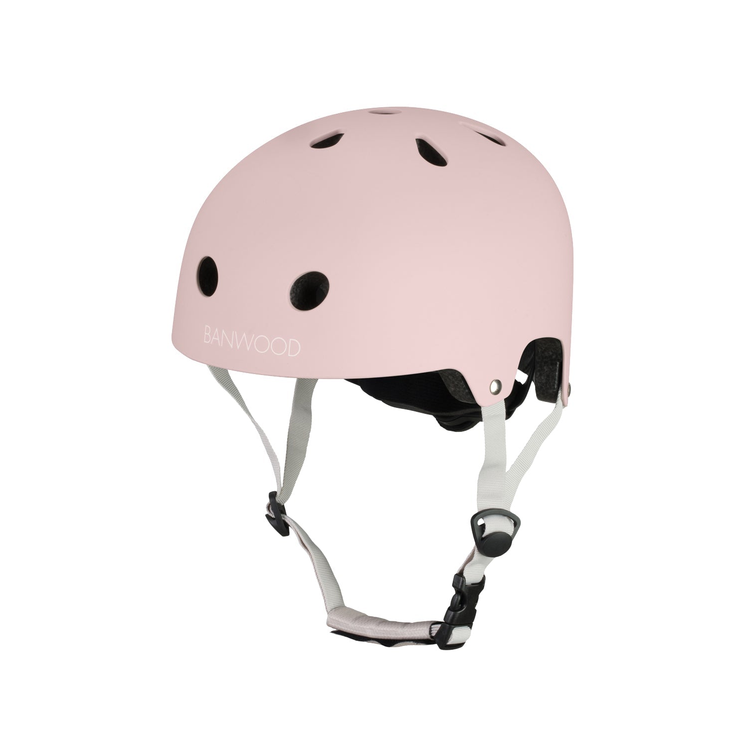 Pink children's helmet with grey chin straps against white background Banwood