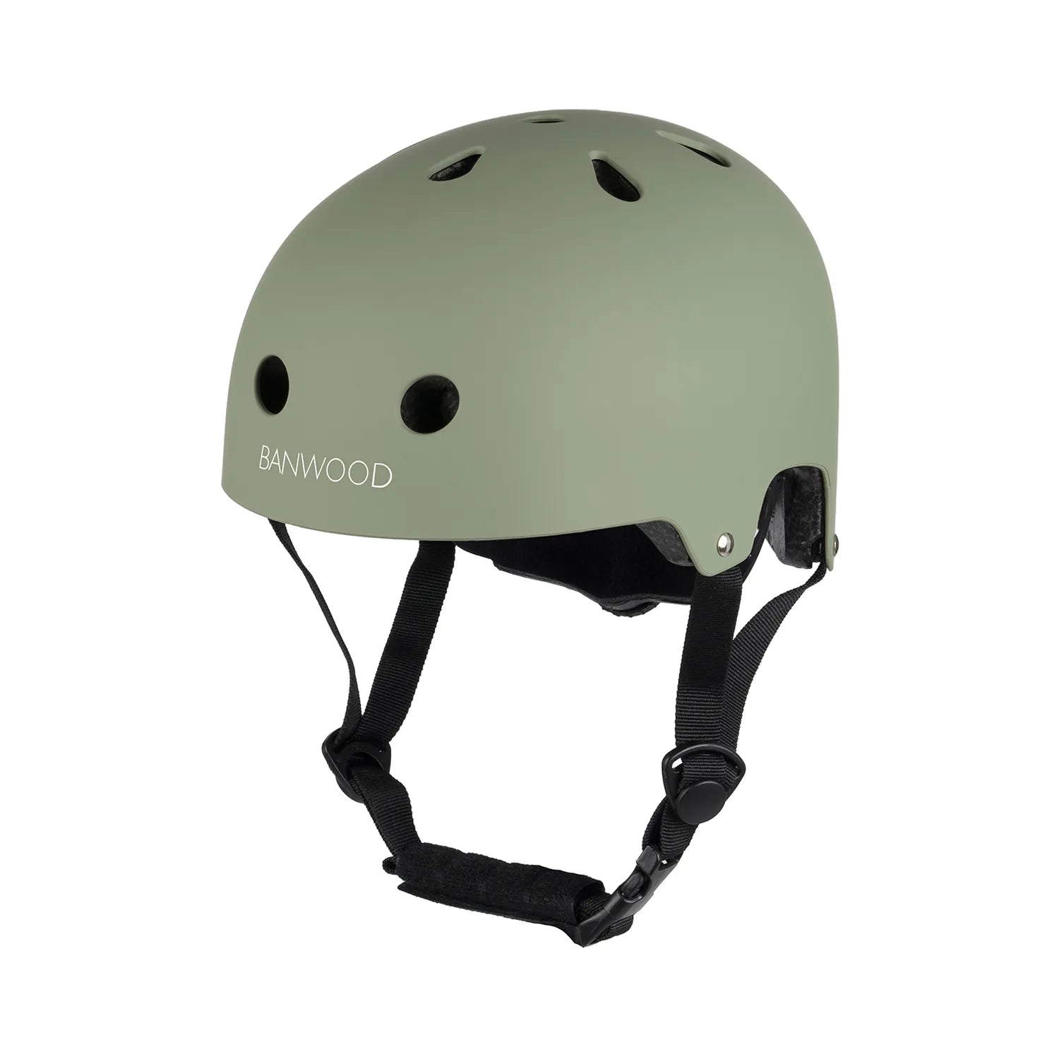 Sage green Banwood helmet with black straps, front and side ventilation holes visible