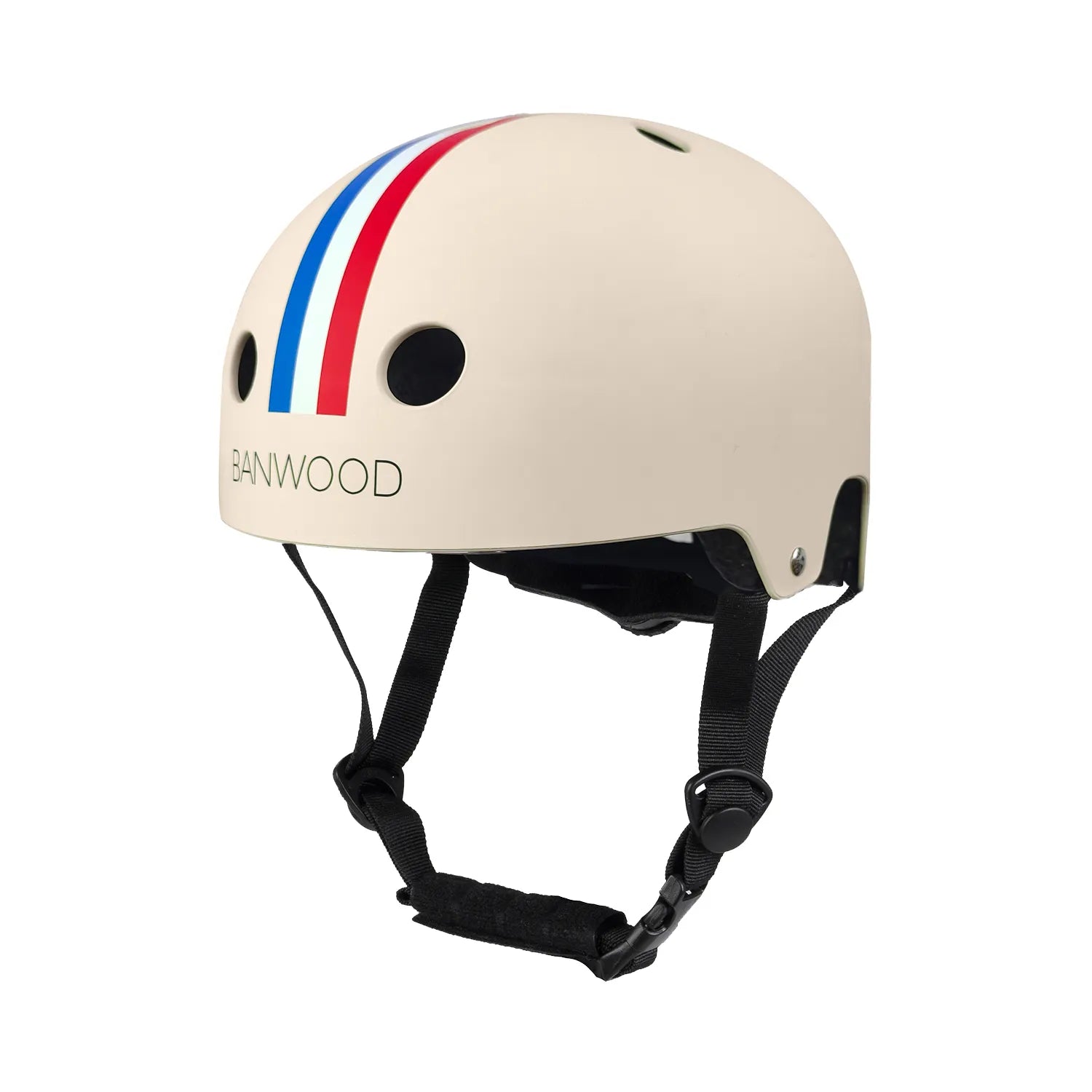Cream Banwood helmet with blue and red stripes, front three-quarter view