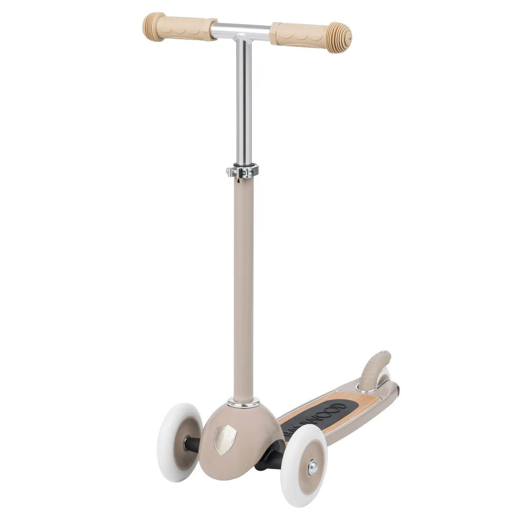 Beige scooter front-left angle with three wheels visible, straight handlebar