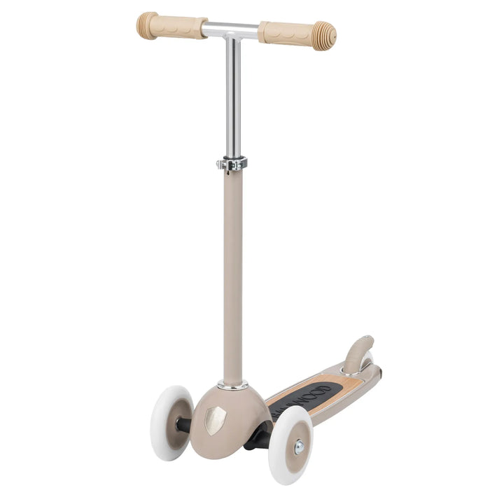 Beige scooter front-left angle with three wheels visible, straight handlebar