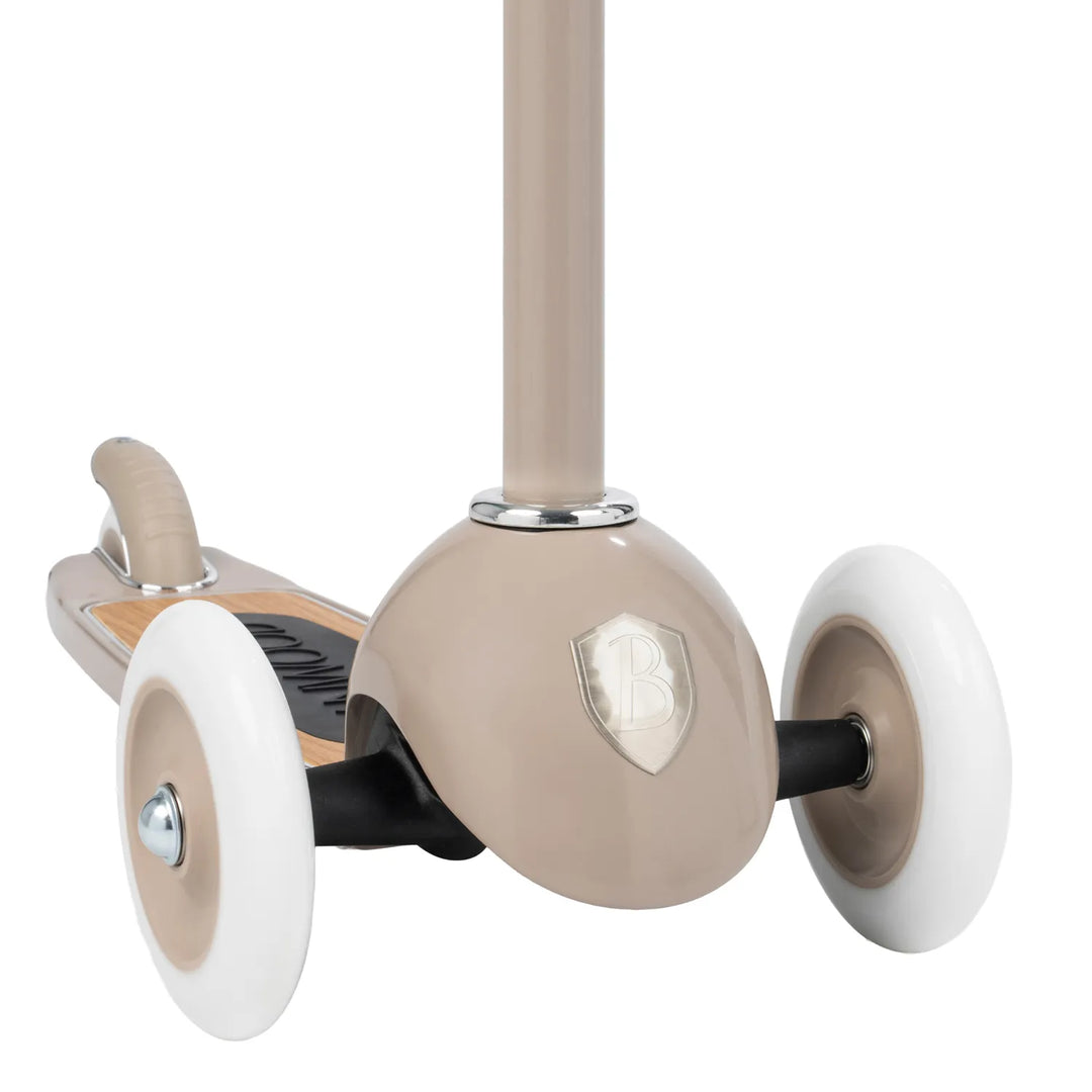 Underside view of scooter base showing steering system and three-wheel layout