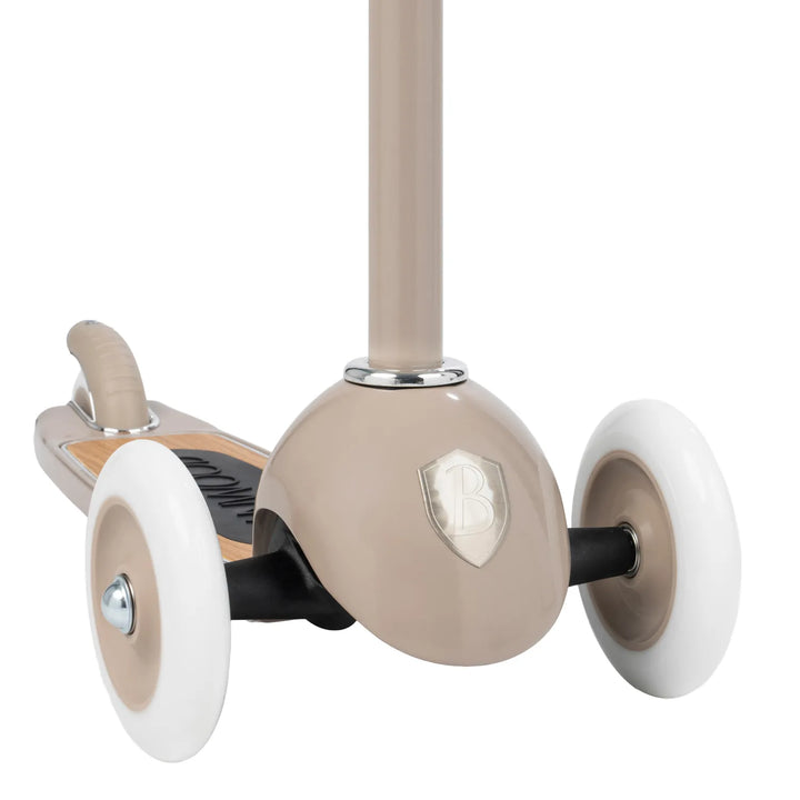 Underside view of scooter base showing steering system and three-wheel layout